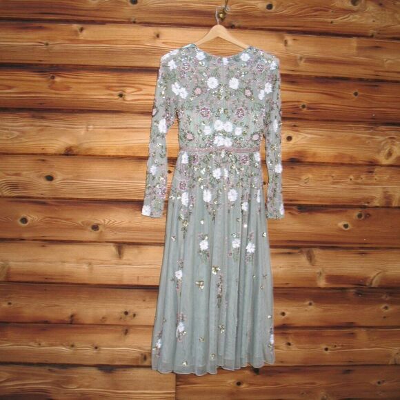 MAC DUGGAL 5716 Green Sequined Floral Long Sleeve High Neck Midi Dress - Picture 10 of 15